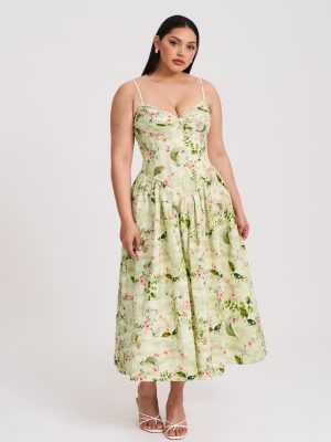 Jacinda Green Floral Print Ruched Breast Linen Midi Dress