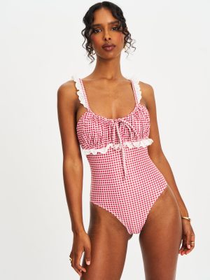 Hallie Red Gingham Lace Backless Swimsuit
