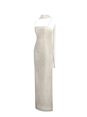 Raizel Gold Beaded Sequin Bodycon Gown with Scarf