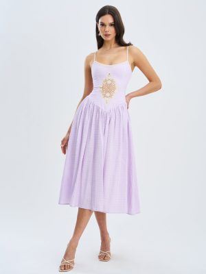 Jaclyn Lavender Lace Trim Cutout Seersucker Midi Dress