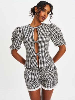 Qusayla Black Gingham Bubble Sleeve Bowtie Top