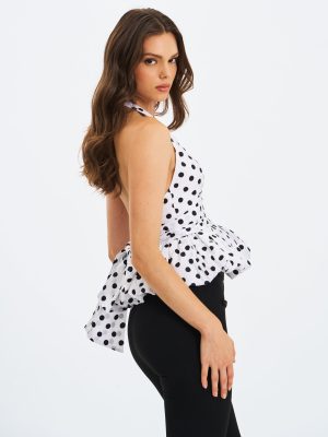 Ilene White and Black Polka Dot Bubble Hem Halter Top