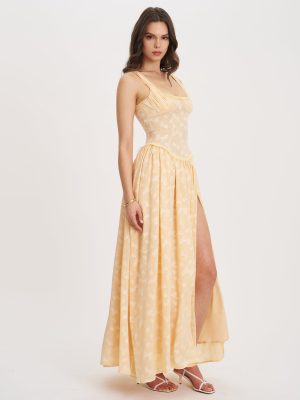 Ulissa Orange Square Neck Jacquard Textured High Slit Maxi Dress