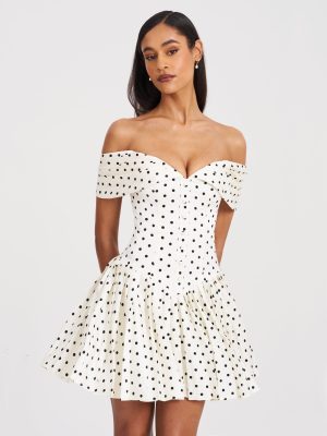 Edeline Polka Dot Off-shoulder Pleated Mini Dress