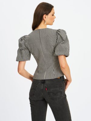 Qusayla Black Gingham Bubble Sleeve Bowtie Top