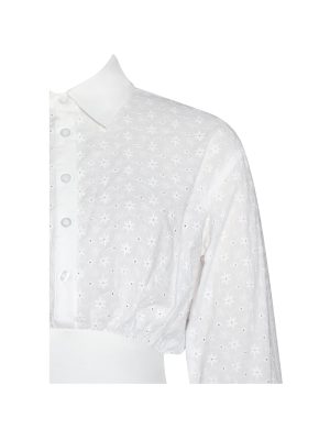 Gabriella White Cotton Eyelet Button Up Long Sleeve Shirt Dress