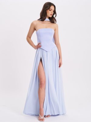 Qianna Baby Blue Peplum Top Drop Waist Chiffon Gown