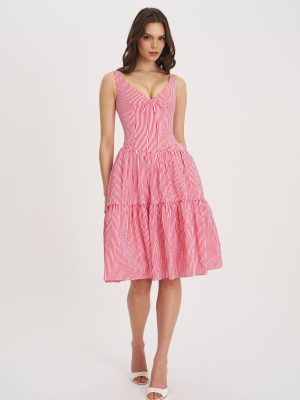 Oceana Red Candy Stripe Drop Waist Midi Dress