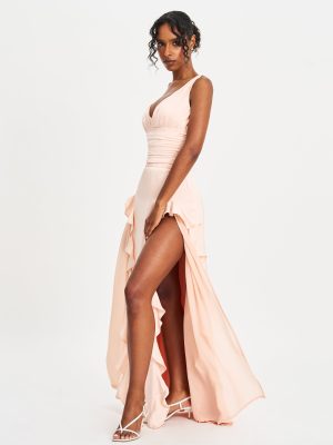 Talyssa Baby Pink Ruched Waist Double High Slit Maxi Gown