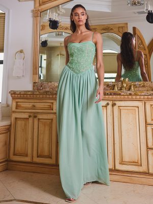 Ucille Sage Green Embroidered Chiffon Maxi Dress
