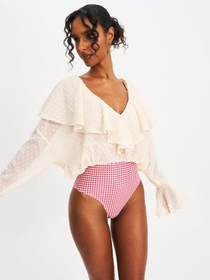 Magali Beige Dotted Mesh Ruffle V Collar Top