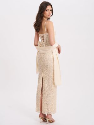 Raizel Gold Beaded Sequin Bodycon Gown with Scarf