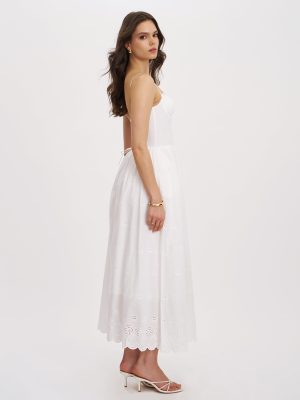 Oberon White Cotton Eyelet Lace-Up Back Maxi Dress