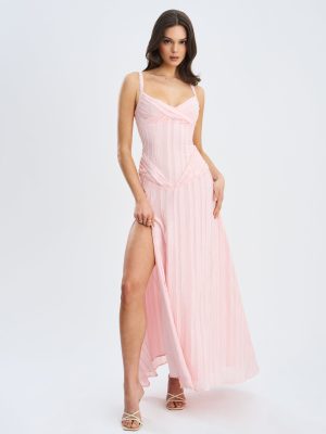 Mallory Baby Pink Stripe Jacquard High Slit Gown
