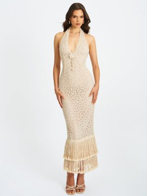 Faelyn Off-White Double Fringe Crochet Halter Maxi Dress