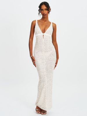 Adelaide White Beaded Sequin Net Bodycon Gown