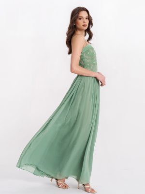 Ucille Sage Green Embroidered Chiffon Maxi Dress