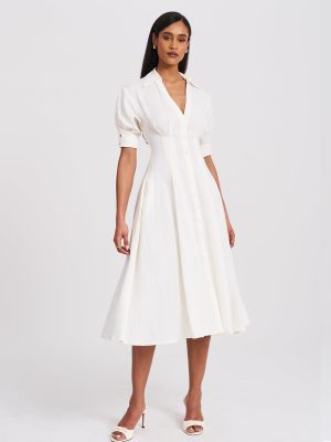 Palina Lyocell Pleated Midi Preppy Shirt Dress