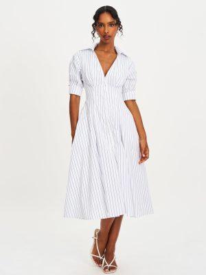 Palina Pinstripes Cotton Poplin Pleated Midi Preppy Shirt Dress