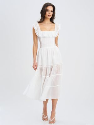 Eden Square Neck Ruffle Trim High Waist Midi Dress
