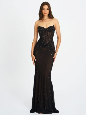 Fatima Black Crystal Sleeveless Corset Mermaid Maxi Dress