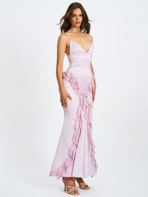 Paolina Taro Pink Jacquard Ruffle Mermaid Maxi Dress
