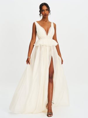 Calleigh Off White Flare Beaded Belt Maxi Gown