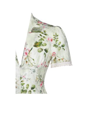 Zanella Green Floral Print Lace Trim Linen Top