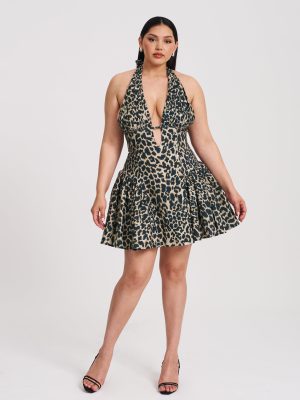 Mackenzie Cheetah Print Halter Linen Mini Dress
