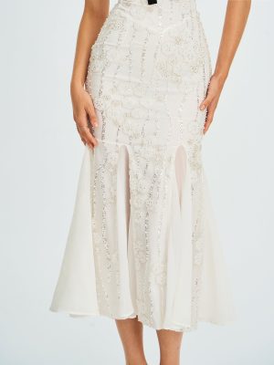 Paola White Peter Pan Collar Beaded Sequin Mermaid Midi Dress