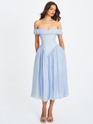 Xavy Baby Blue Off Shoulder Corset Midi Dress