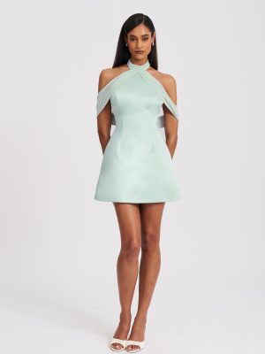 Zafrina Light Cyan Halter Off-shoulder Backless Mini Dress