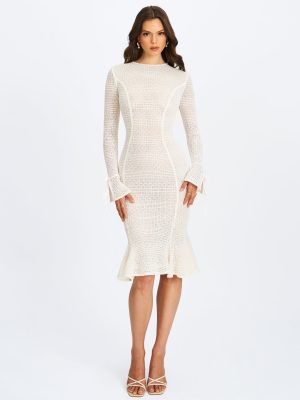 Pamina Beige Crochet Long Sleeve Midi Flare Mermaid Dress