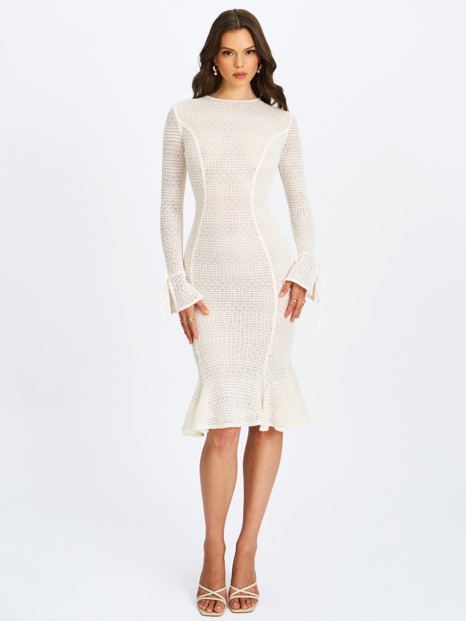 Pamina Beige Crochet Long Sleeve Midi Flare Mermaid Dress