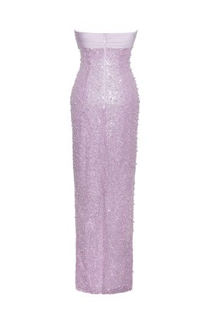 Lainey Purple Satin Sequin Pearls Beaded Maxi Dress