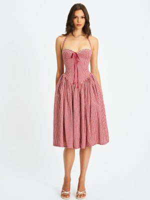 Susanna Red Gingham Halter Drop Waist Midi Dress