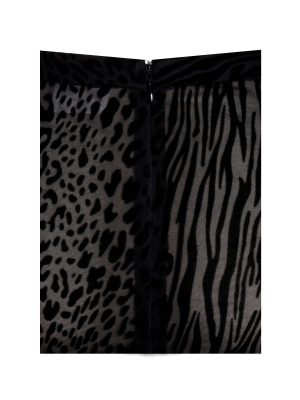Halia Black Animal Print Burnout Velvet Fur Trim Skirt