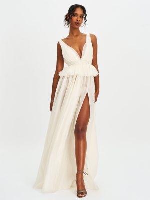 Calleigh Off White Flare Beaded Belt Maxi Gown