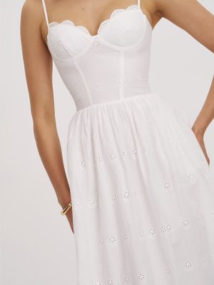 Oberon White Cotton Eyelet Lace-Up Back Maxi Dress