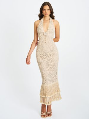 Faelyn Off-White Double Fringe Crochet Halter Maxi Dress