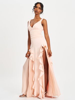 Talyssa Baby Pink Ruched Waist Double High Slit Maxi Gown