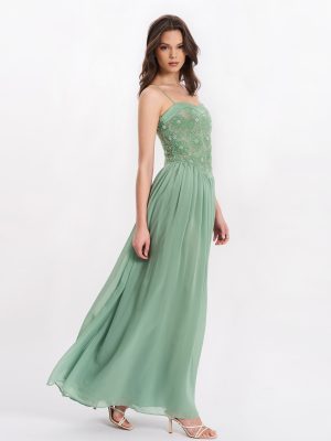 Ucille Sage Green Embroidered Chiffon Maxi Dress