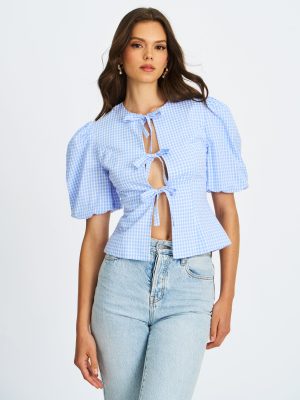 Qusayla Baby Blue Gingham Bubble Sleeve Bowtie Top