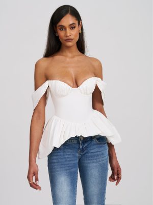 Qistina White Off-shoulder Bubble Hem Peplum Cotton Top