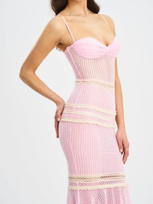 Pallas Pink Lace Trim Crochet Mermaid Maxi Dress
