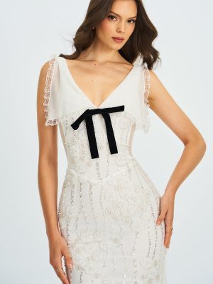 Paola White Peter Pan Collar Beaded Sequin Mermaid Midi Dress