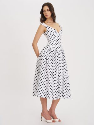 Rahma Polka Dot Drop Waist Midi Cotton Poplin Dress