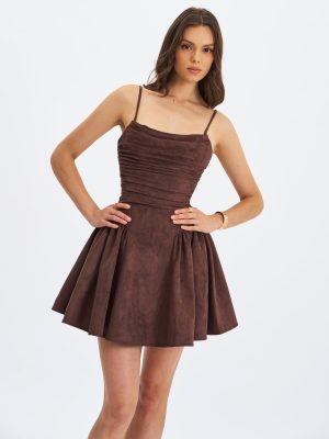 Raisa Mahogany Vegan Suede Ruched Mini Dress