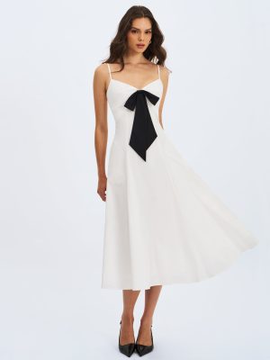 Corinne White Poplin Flared Maxi Dress with Removable Bow
