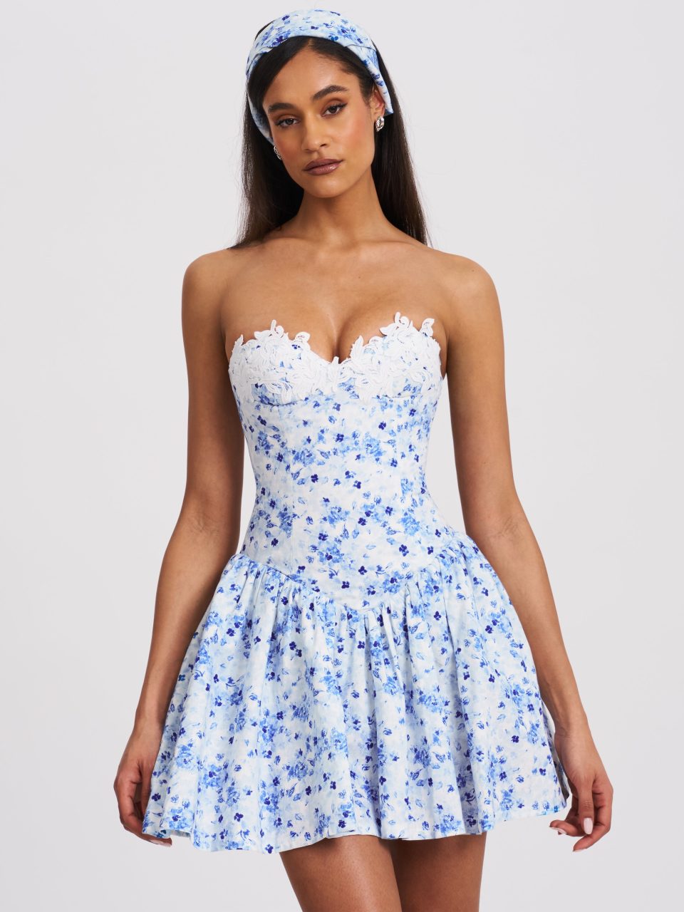Taleah Blue Floral Print Linen Mini Dress with Lace Trim